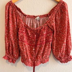 Boho Red Floral Peasant Top with Eyelet Detail American eagle SMALL